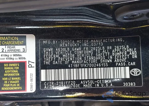 2013 Toyota Camry Se z USA, uszkodzony, nr VIN 4T1BF1FK7DU246155